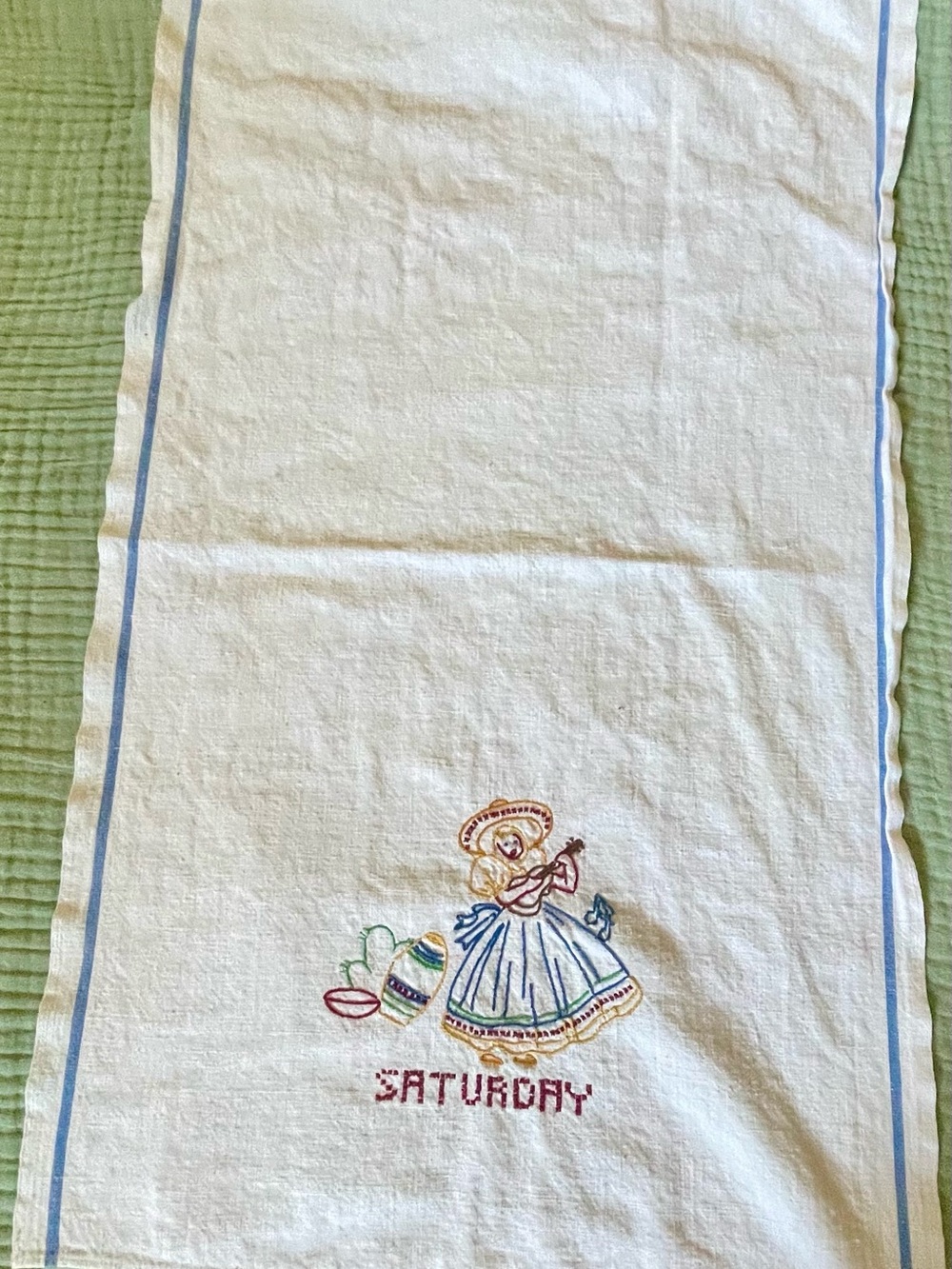 Vintage Hand Embroidered “Saturday” Day Of The Week Tea Towel-Blue Stripe Cotton
